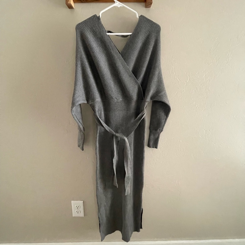 Long dark grey dress with tie around middle